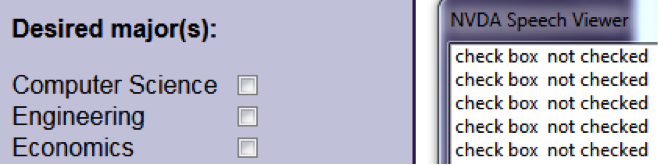 Demo of inaccessible checkbox labels and inaccessible keyboard focus Demo of inaccessible checkbox labels and inaccessible keyboard focus